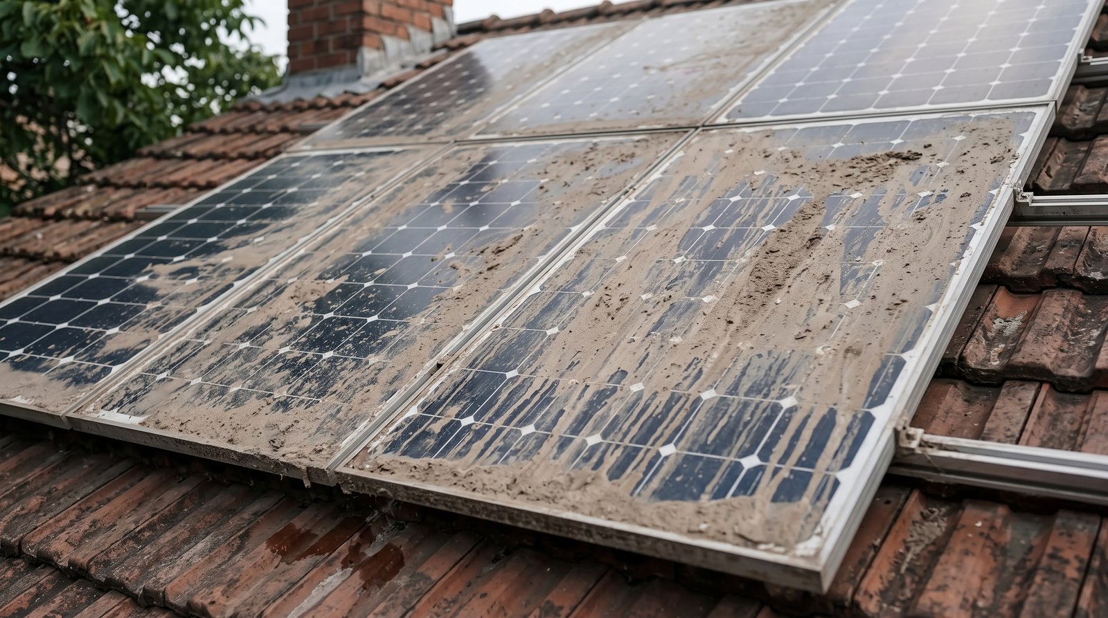 Panel solar sucio con pérdida de eficiencia